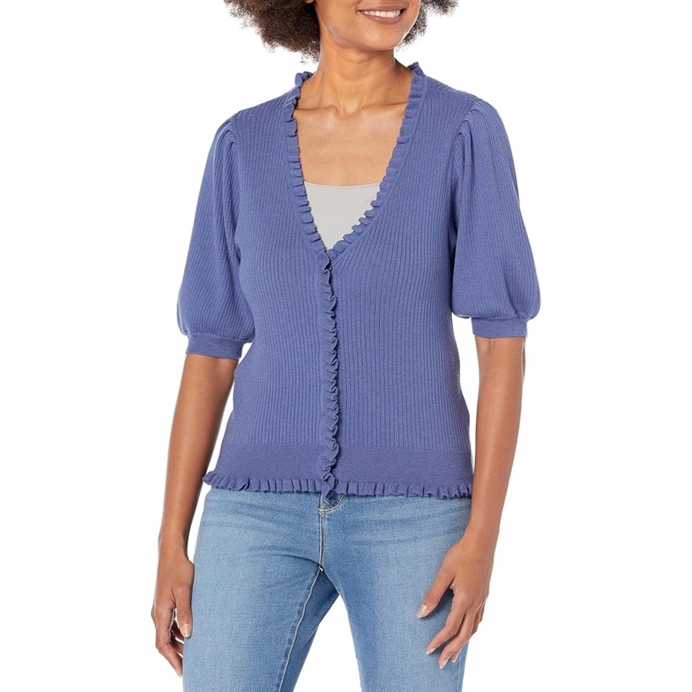 Sz L PAIGE Tasha Short Sleeve Cotton & Silk Blend Cardigan In Blue Yonder EUC - Picture 5 of 6